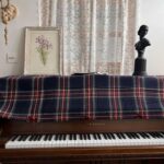 Vintage piano dust cover, British red‑blue plaid wool‑blend topper with red velvet bow