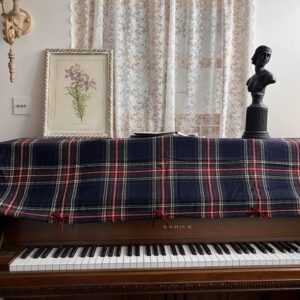 Vintage piano dust cover, British red‑blue plaid wool‑blend topper with red velvet bow