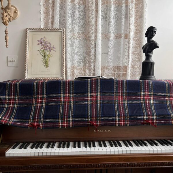 Vintage piano dust cover, British red‑blue plaid wool‑blend topper with red velvet bow