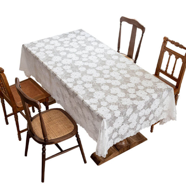 Pure white rectangular camellia tablecloth with jacquard lace on plain background