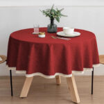 Wine red round tablecloth with lace edge, water‑proof dining table cover