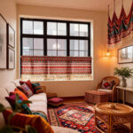 Boho geometric short curtain panel decorates kitchen window inside warm tribal‑themed living space