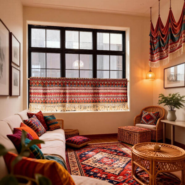 Boho geometric short curtain panel decorates kitchen window inside warm tribal‑themed living space