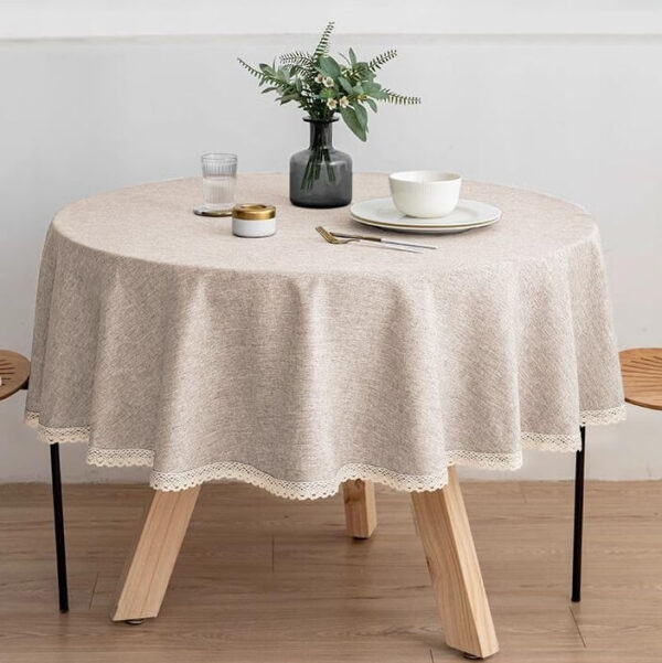 Coffee beige solid round tablecloth with delicate white lace trim