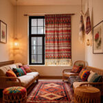 Vintage tribal‑ethnic boho geometric short curtain panel hanging on kitchen window, cozy bohemian home decor