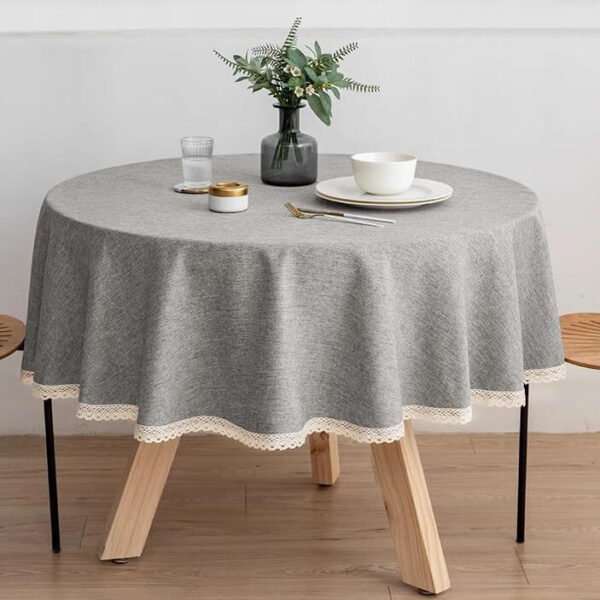 Light grey water‑resistant round tablecloth lace edge indoor decor