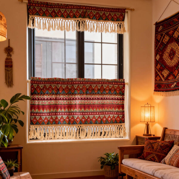 Boho geometric short curtain with tassel fringe, vintage tribal‑ethnic window panel hanging in warm southwestern‑style living room