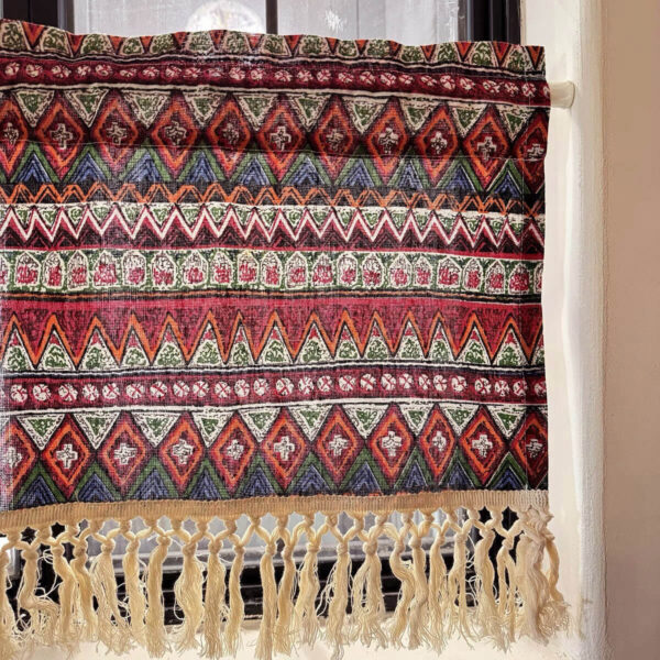 Bohemian geometric tier curtain with colorful ethnic diamond and zigzag print