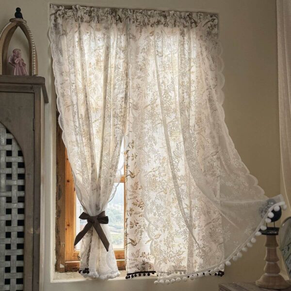 farmhouse rod pocket doorway curtain bird print used as room divider for entryway