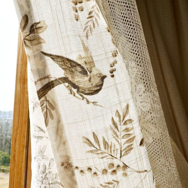 rod pocket doorway curtain farmhouse bird print, vintage lace fabric with flying bird and leaf pattern