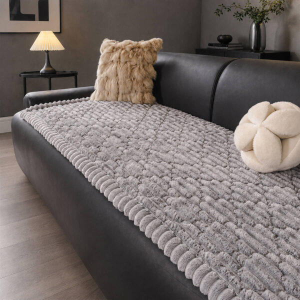 Light gray plush quilted sofa throw cover, textured sofa protector for living room decor