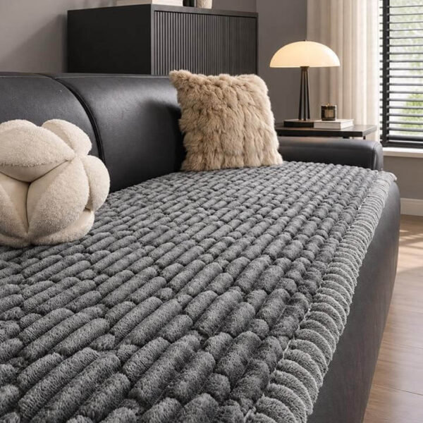 Dark gray plush quilted sofa throw cover, textured cozy sofa protector for home