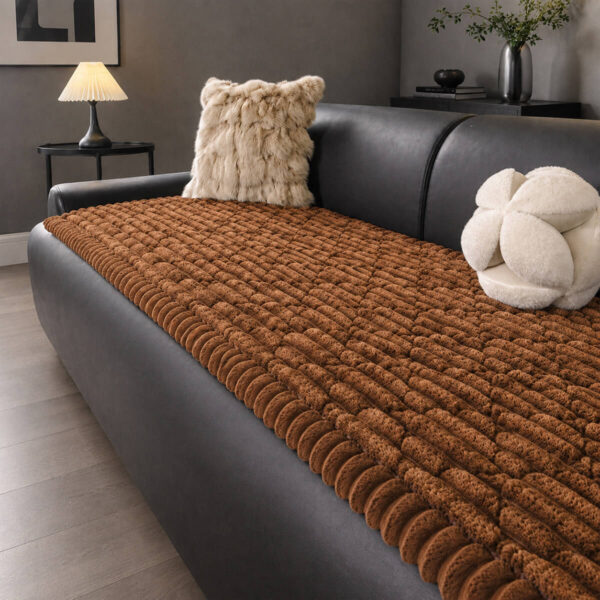 Coffee brown plush quilted sofa throw cover, cozy sofa protector for living space