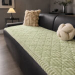 Soft green plush sofa throw cover, textured quilted sofa slip for home decor