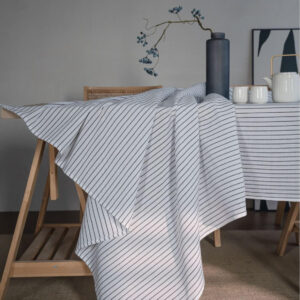 Striped linen blend tablecloth, minimalist farmhouse dining table decor