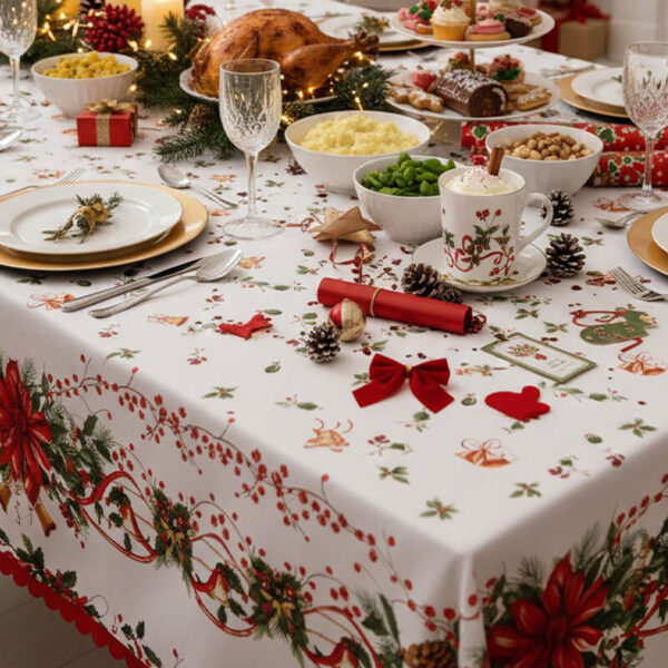 Christmas holiday feast table setting with festive printed tablecloth
