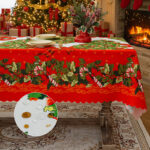 Red christmas tablecloth with holly berry print for holiday dinner party