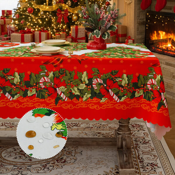 Red christmas tablecloth with holly berry print for holiday dinner party