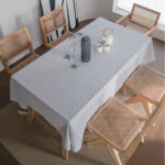 Striped linen blend tablecloth full dining table scene, farmhouse style