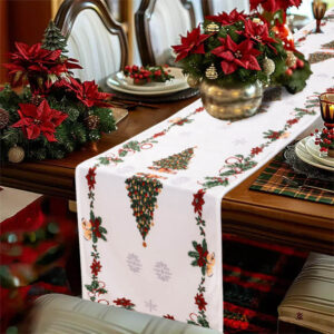 White Water‑Resistant Christmas Table Runner poinsettia and christmas tree print