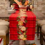 Water‑Resistant Christmas Table Runner laid on dining table with festive tableware