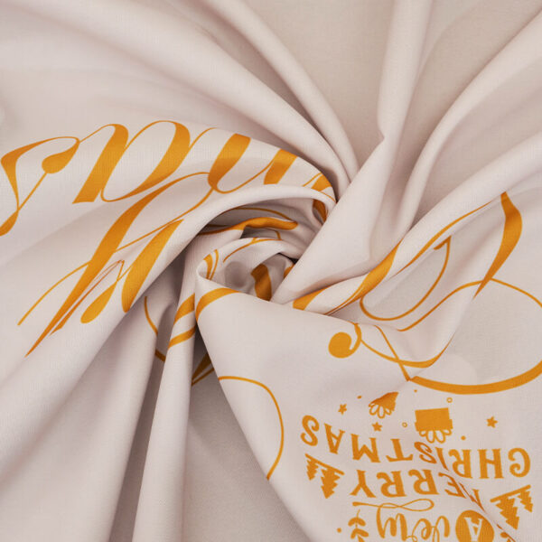 Close‑up view of round christmas waterproof tablecloth fabric texture and scalloped edge