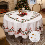 Round christmas tablecloth with holly wreath border, waterproof polyester table cover