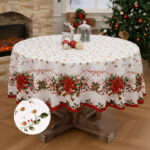 White round christmas tablecloth with holly berry print waterproof for xmas dinner