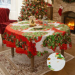 Red‑green festive round christmas tablecloth waterproof polyester for holiday gathering