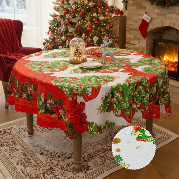 Red‑green festive round christmas tablecloth waterproof polyester for holiday gathering