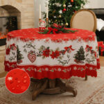 Red Round Christmas Waterproof Tablecloth with scalloped edge for festive holiday dinner