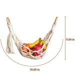 Macrame fruit hanging basket with dimension in inches, cotton woven produce hammock with tassels