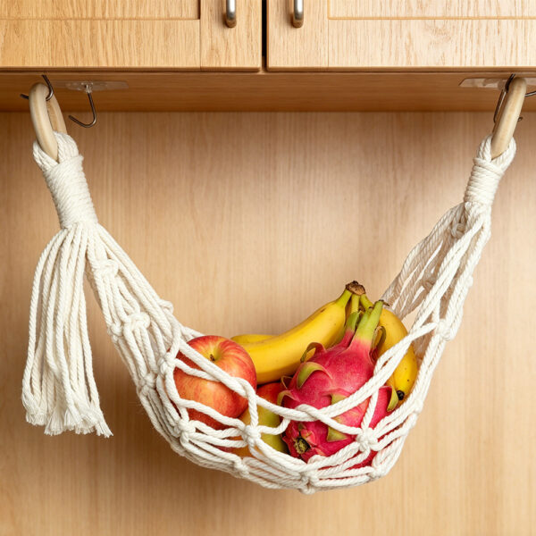 Macrame fruit hanging basket under kitchen cabinet, boho wall storage for fresh produce