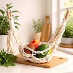 Wall mounted fruit basket macrame produce hammock on kitchen counter with houseplants
