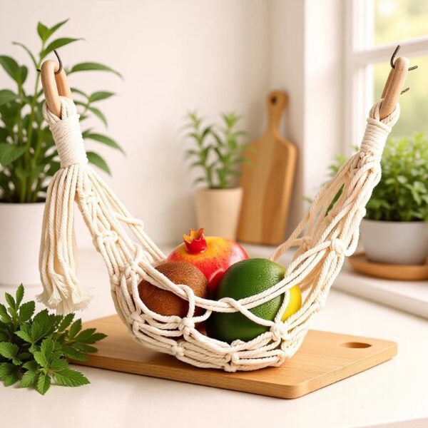 Wall mounted fruit basket macrame produce hammock on kitchen counter with houseplants