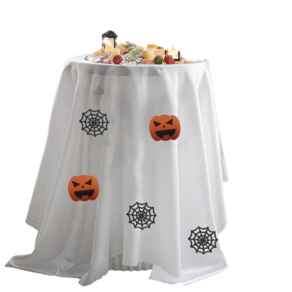 White round Halloween tablecloth printed with pumpkin and spider web motifs for holiday party decoration
