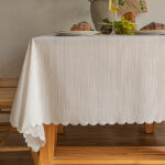 White striped jacquard tablecloth with scalloped edge farmhouse decor