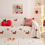 Tassel edge detail of christmas sofa throw cover, durable woven fabric