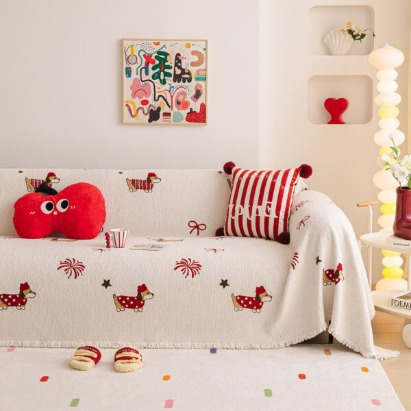 Tassel edge detail of christmas sofa throw cover, durable woven fabric