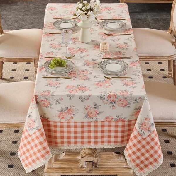 Pink cottage rose tablecloth full table view for cottage home decor