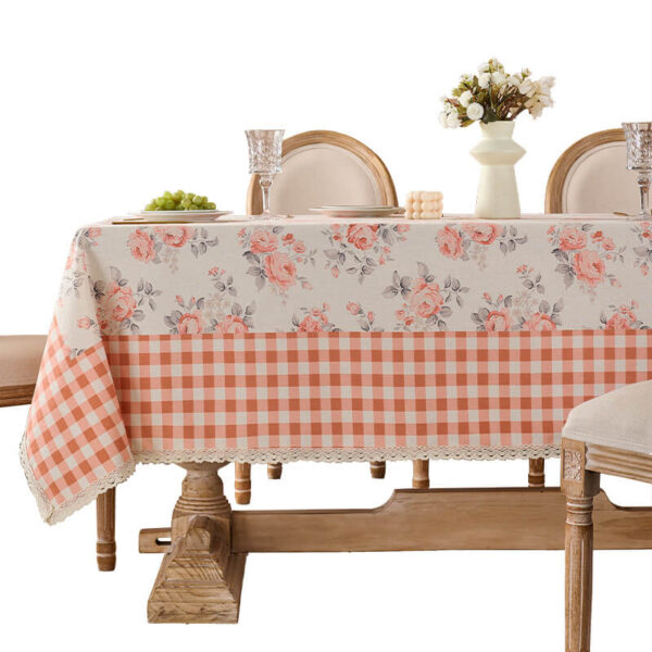 Vintage floral tablecloth pink rose gingham edge cottage style
