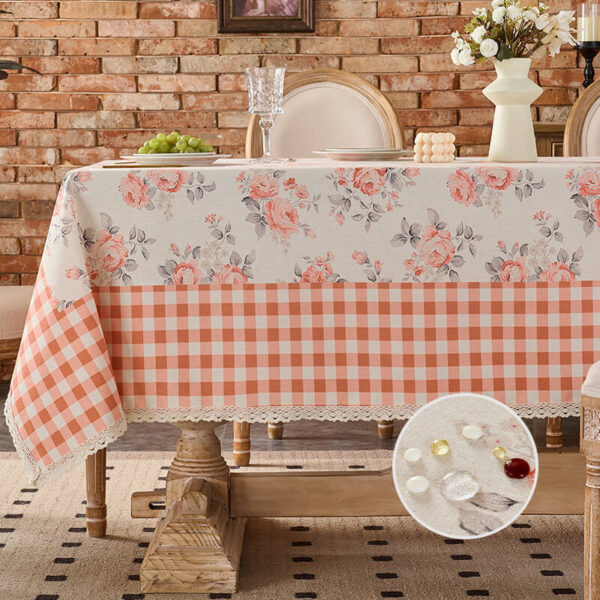 Pink Cottage Rose Tablecloth with gingham lace trim for garden tea party