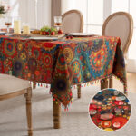 Mandala Tassel Table Cover styled on dining table, bohemian home decor with water‑resistant feature