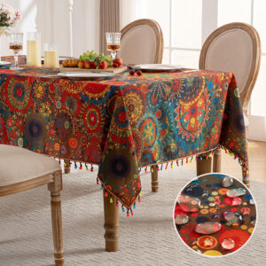 Mandala Tassel Table Cover styled on dining table, bohemian home decor with water‑resistant feature
