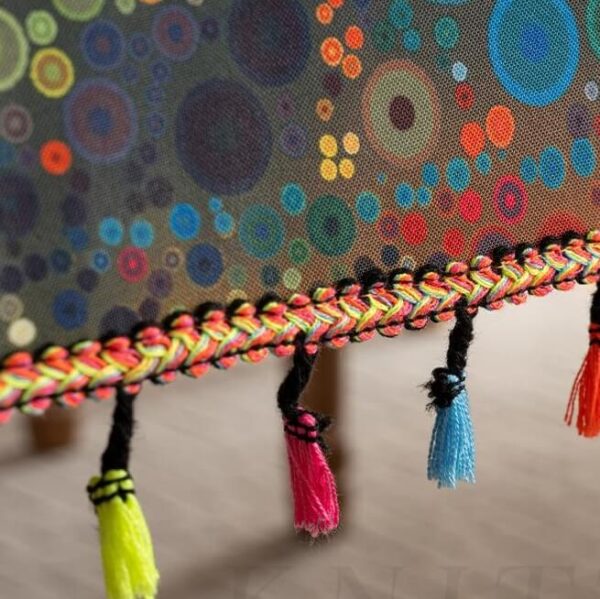 Colorful braided tassel trim close‑up of mandala tassel table cover