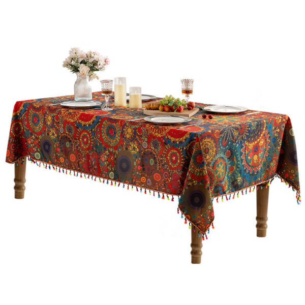 Mandala Tassel Table Cover, colorful ethnic printed decorative tablecloth with tassel edge