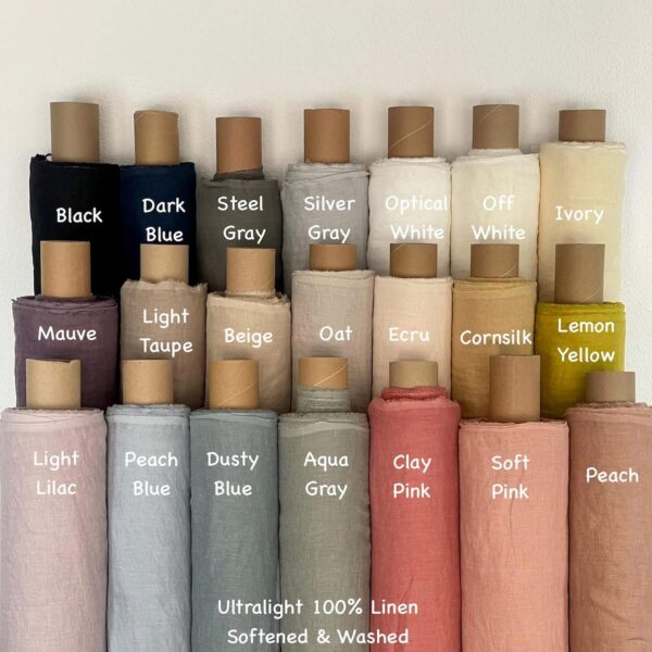 Color chart showing ten muted colorways of 100% pure linen fabric by the yard